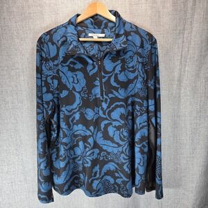 Chicos Zenergy Womens Size 3 (L) Blue Floral 1/4 Zip Mesh Active Top Long Sleeve